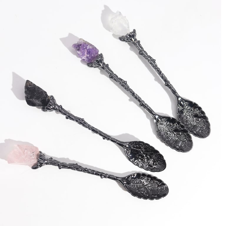 7 Dark Silver Gemstone Crystal Spoons (Set) - Witch Accessory - Premium Quality