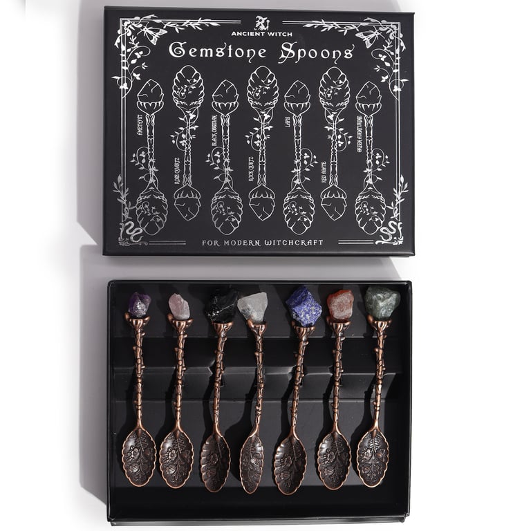 7 Bronze Gemstone Crystal Witch Spoons - Set - Premium Quality