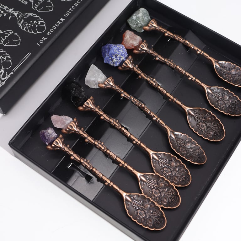 7 Bronze Gemstone Crystal Witch Spoons - Set - Premium Quality
