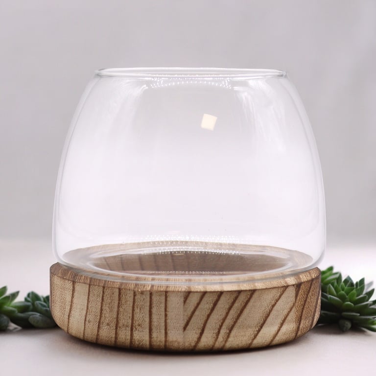 Small Terrarium on Natural Tung Wood - Handcrafted Indoor Plant Container Stand
