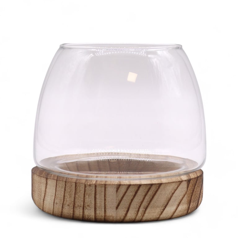 Small Terrarium on Natural Tung Wood - Handcrafted Indoor Plant Container Stand