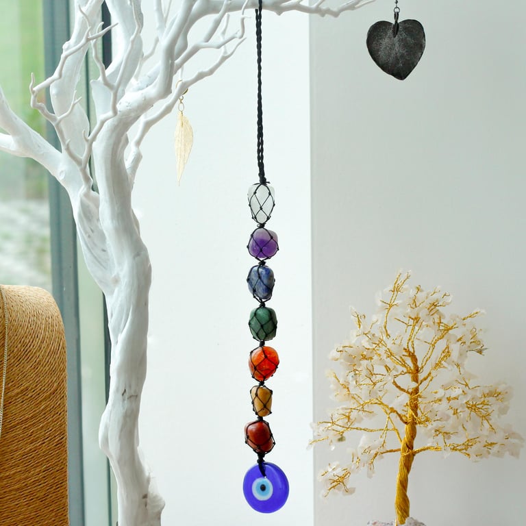 Hanging Chakra Stone Pendant - Evil Eye Protection Crystal Healing Amulet