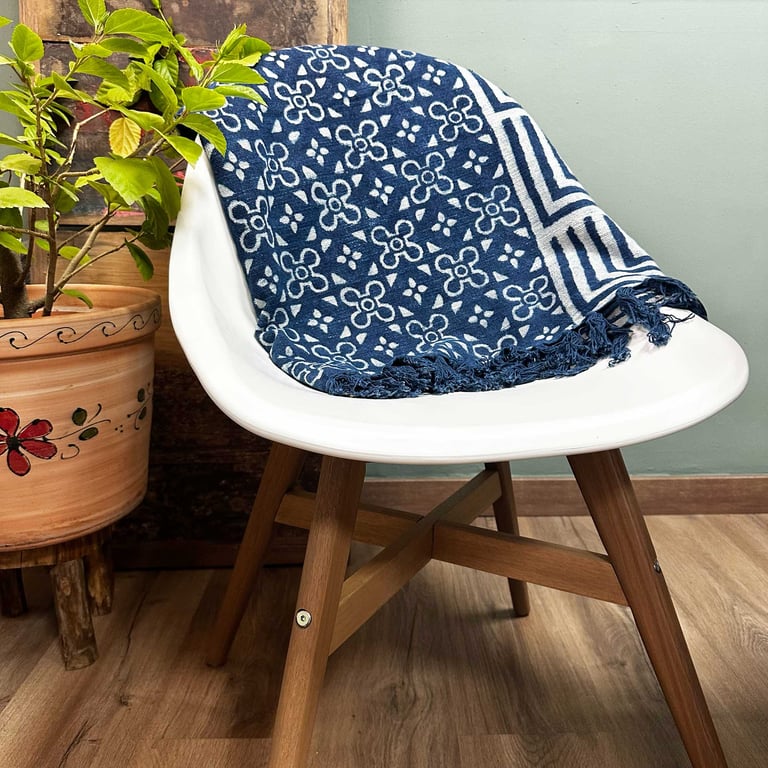 170x120cm Handmade Indigo Kasba Tiles Throw - Premium Quality