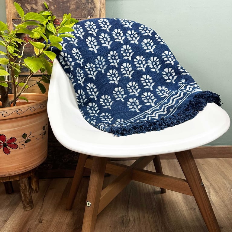 170x120cm Handmade Indigo Chhota Flower Throw - Artisanal Quality