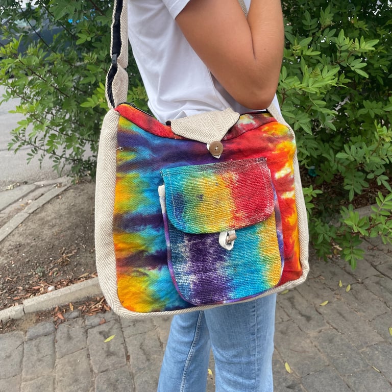 Hemp Study Bag - Tie-Dye Design, Front Pocket - Brand Name