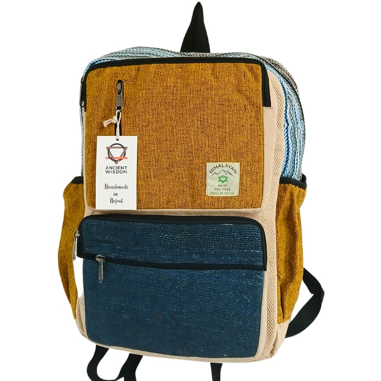 Hemp Backpack - Large, Boxy Design - Teal & Turmeric