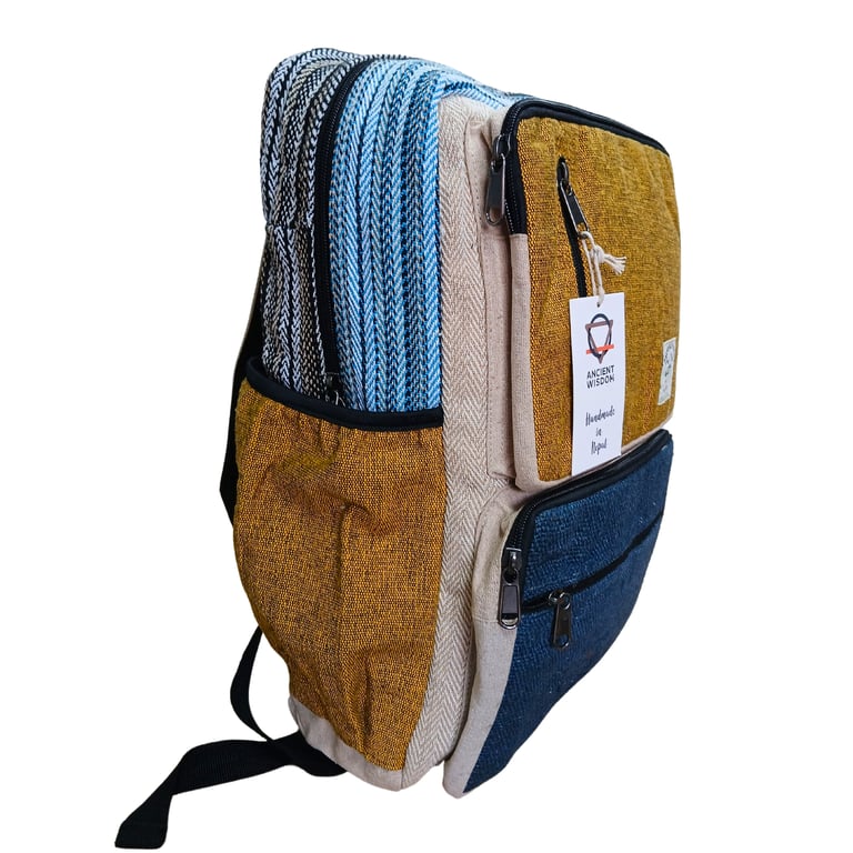 Hemp Backpack - Large, Boxy Design - Teal & Turmeric