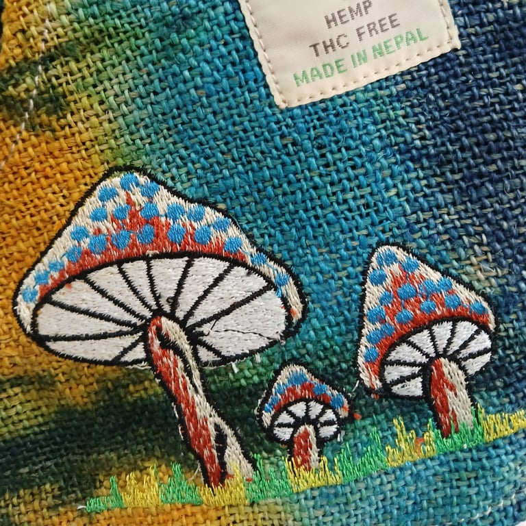 Hemp Embroidered Green Mushroom Tote Bag - Eco-Friendly Design