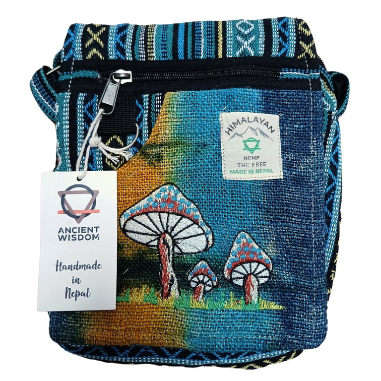 Hemp Embroidered Green Mushroom Tote Bag - Eco-Friendly Design