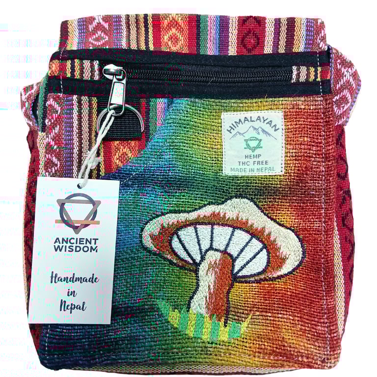 Hemp Embroidered Mushroom Party Tote - Orange Design - Artisanal Brand