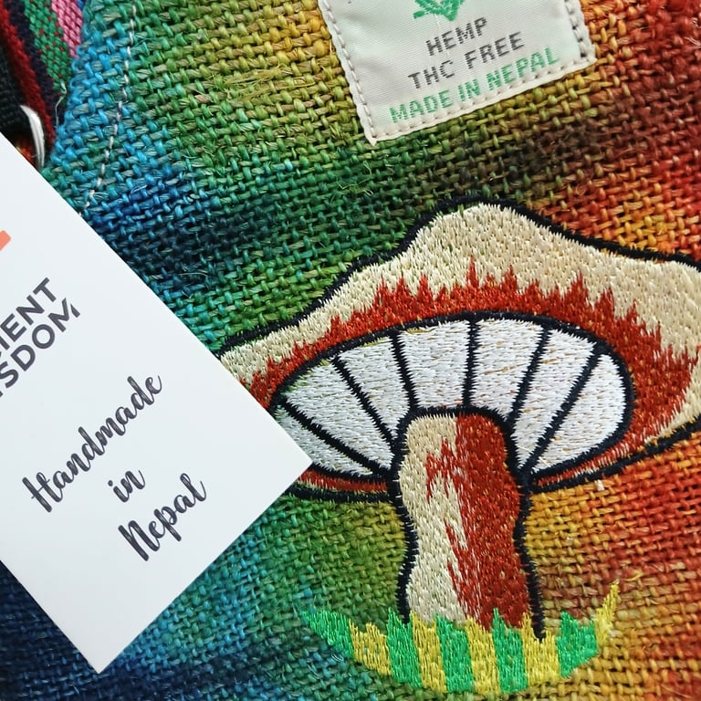 Hemp Embroidered Mushroom Party Tote - Orange Design - Artisanal Brand