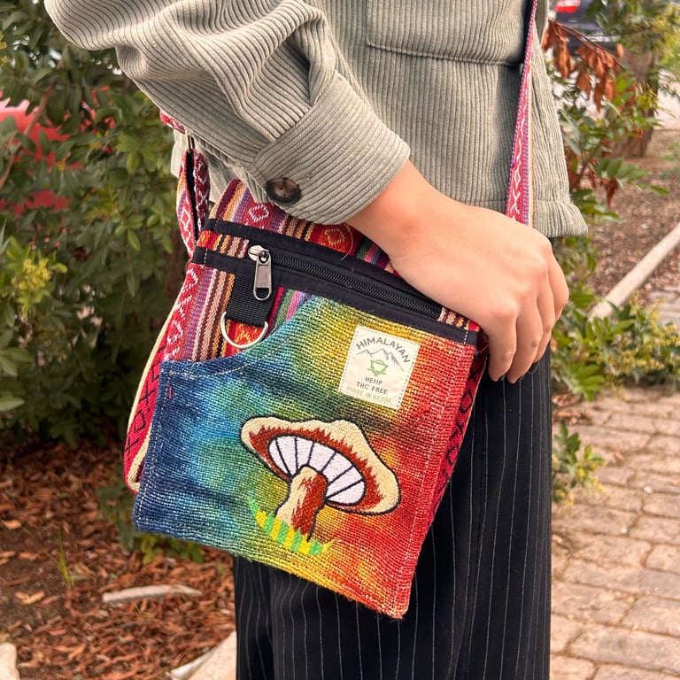 Hemp Embroidered Mushroom Party Tote - Orange Design - Artisanal Brand