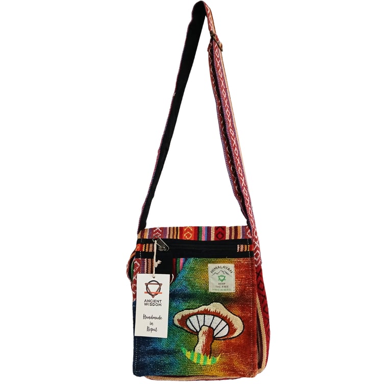 Hemp Embroidered Mushroom Party Tote - Orange Design - Artisanal Brand