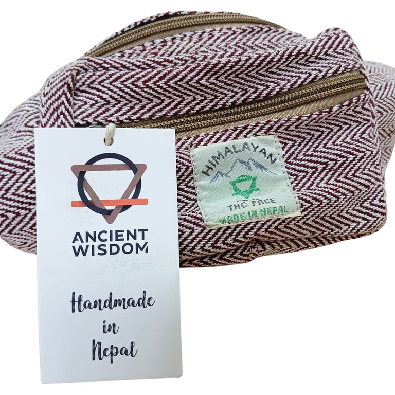 Cotton Hemp Style Belt Fanny Bag - Wine Colored Leather Alternative