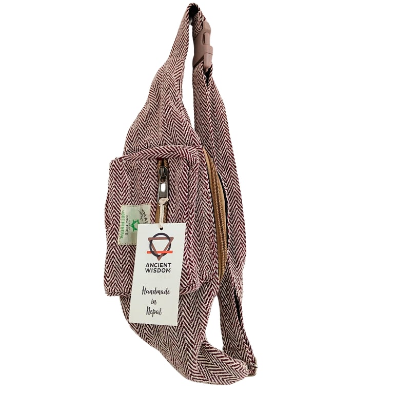 Cotton Hemp Style Belt Fanny Bag - Wine Colored Leather Alternative