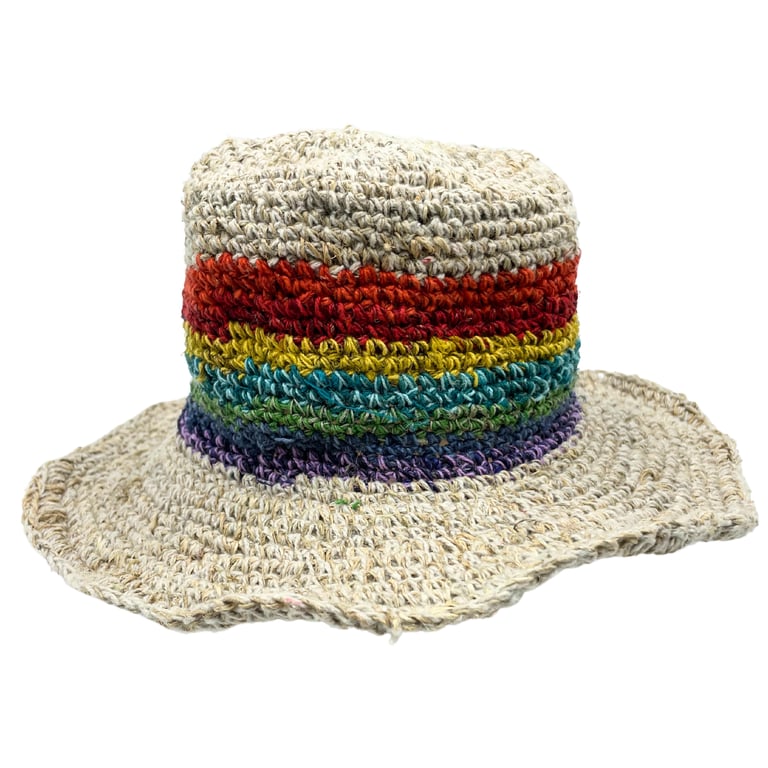 Hand-Knitted Hemp & Cotton Boho Festival Hat - Rainbow Handmade Bohemian Design