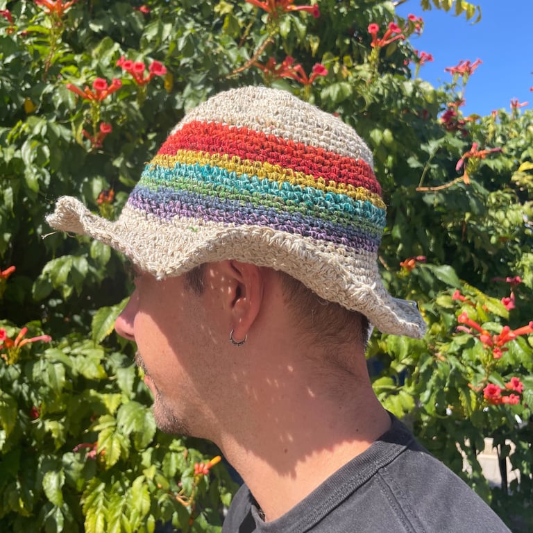 Hand-Knitted Hemp & Cotton Boho Festival Hat - Rainbow Handmade Bohemian Design