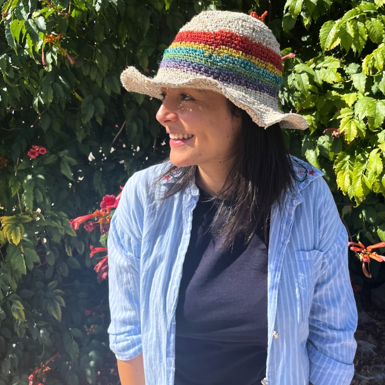 Hand-Knitted Hemp & Cotton Boho Festival Hat - Rainbow Handmade Bohemian Design