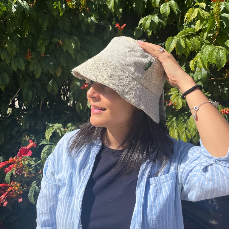 Handmade Patched Hemp & Cotton Boho Festival Hat - Natural, Organic Cotton Blend