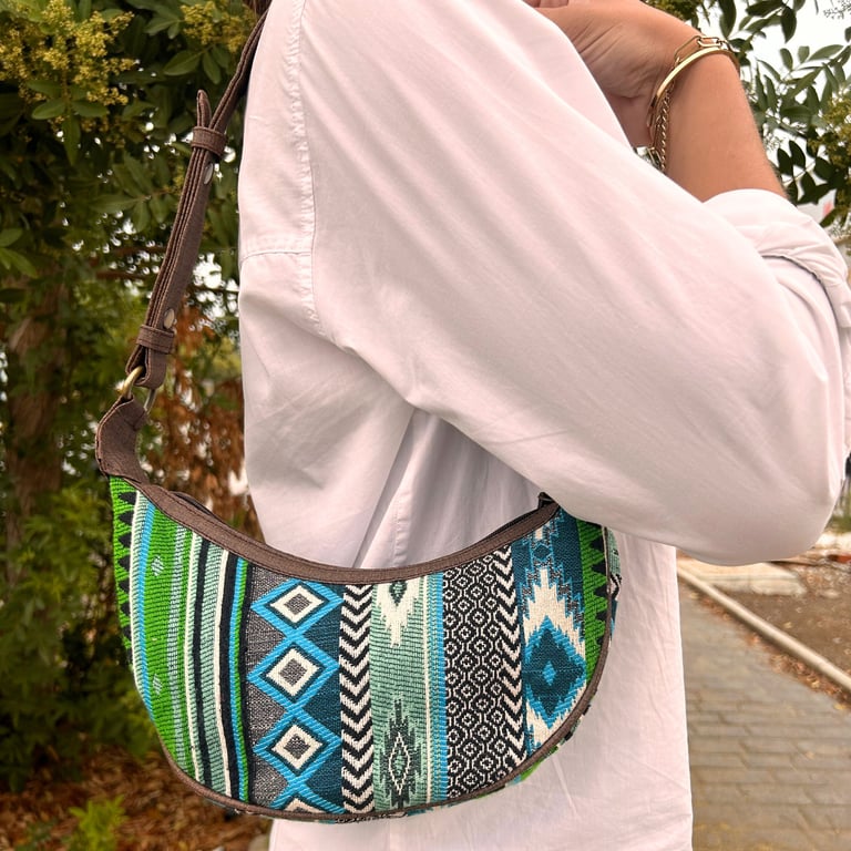 Hobo Bag - Jacquard Detailing (Brown Strap) - Bold Greens Style