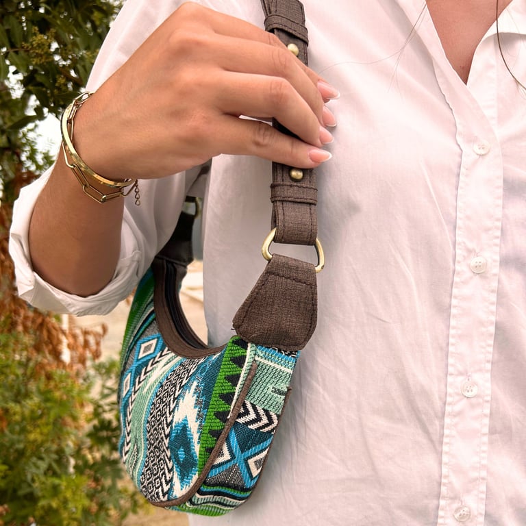 Hobo Bag - Jacquard Detailing (Brown Strap) - Bold Greens Style