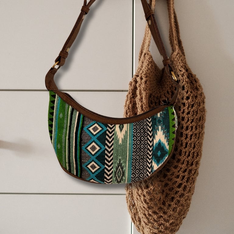 Hobo Bag - Jacquard Detailing (Brown Strap) - Bold Greens Style