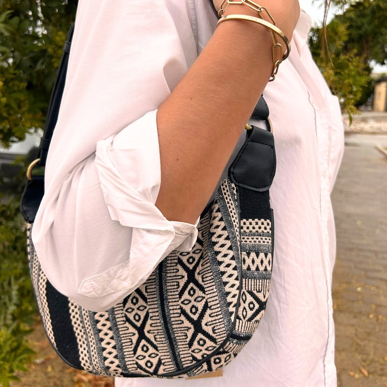 Grey Metro Jacquard Hobo Bag (Black Strap) - JacquardHoboBag.com