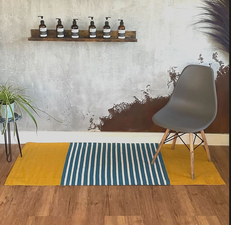 70x170cm Indian Cotton Rug (Yellow/Blue) - High Quality, Handmade