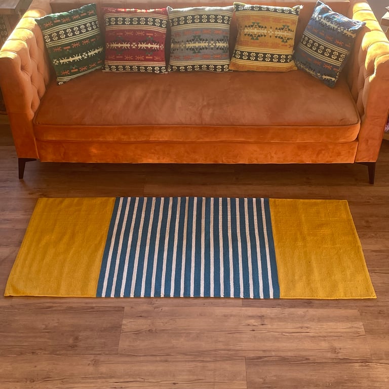 70x170cm Indian Cotton Rug (Yellow/Blue) - High Quality, Handmade