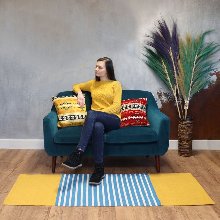 70x170cm Indian Cotton Rug (Yellow/Blue) - High Quality, Handmade