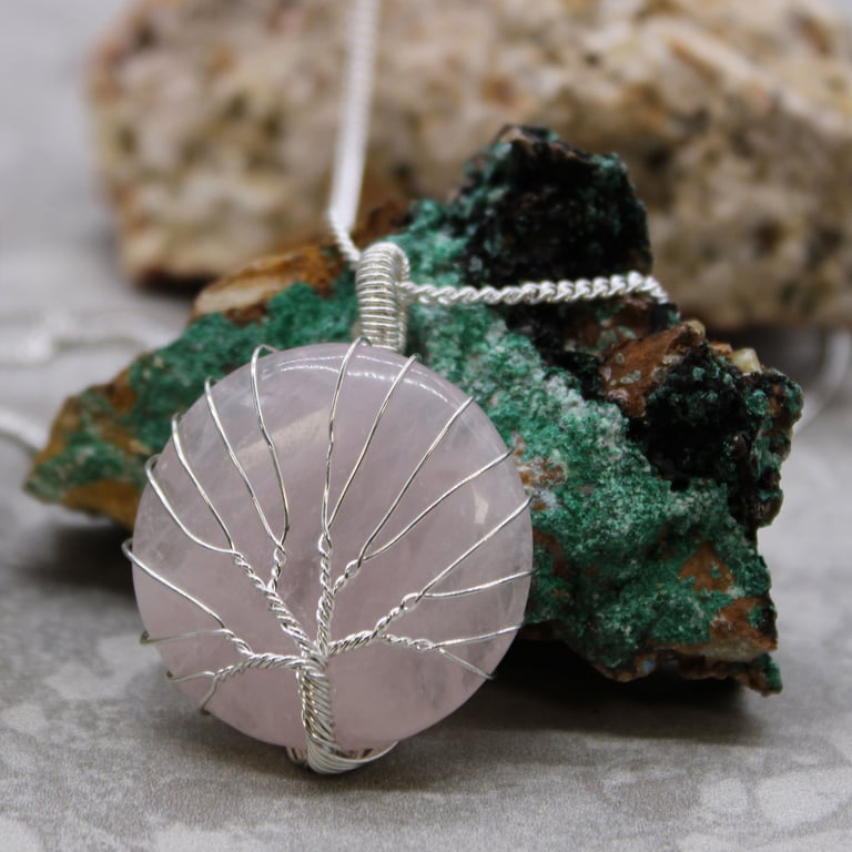 Rose Quartz Necklace - Tree of Life Design - Your Brand Name