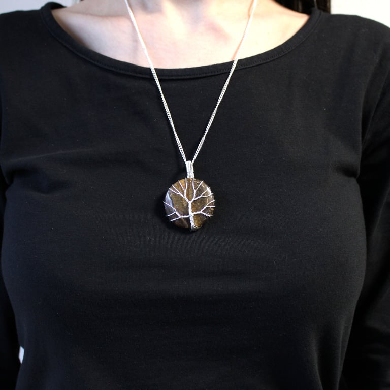Tiger Eye Gemstone Necklace - Tree of Life Design