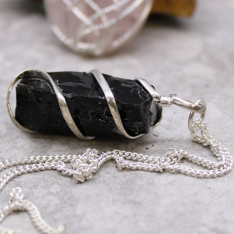 Cascade Wrapped Gemstone Necklace - Rough Black Onyx Stone in Elegant Cascade Design Jewelry Piece