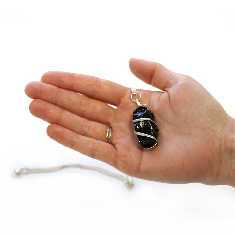 Cascade Wrapped Gemstone Necklace - Rough Black Onyx Stone in Elegant Cascade Design Jewelry Piece