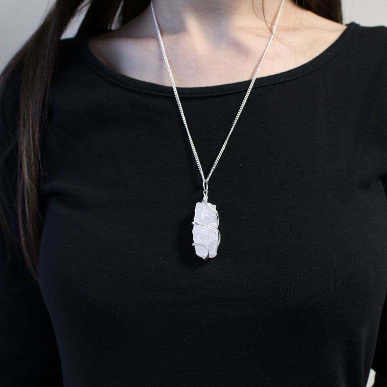 Cascade Wrapped Gemstone Necklace - Rough Opalite Pendant with Cascading Design