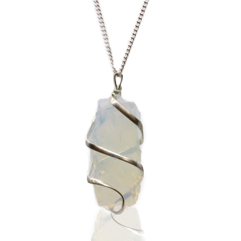 Cascade Wrapped Gemstone Necklace - Rough Opalite Pendant with Cascading Design