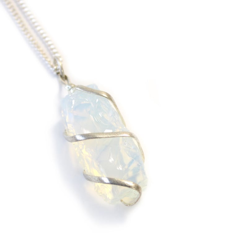 Cascade Wrapped Gemstone Necklace - Rough Opalite Pendant with Cascading Design