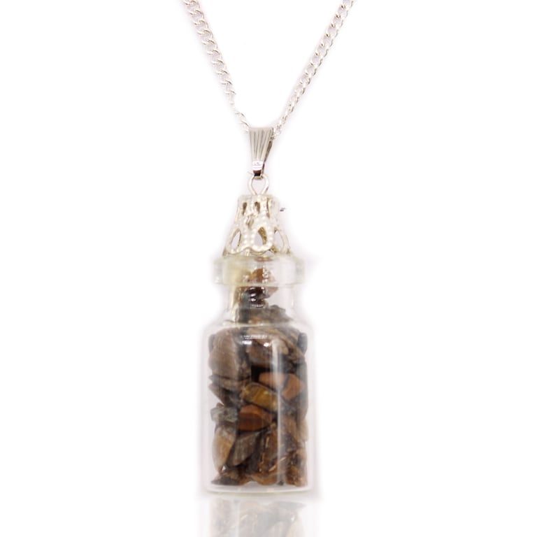 Natural Tiger Eye Gemstone Necklace - Bottled Crystal Healing Jewelry Pendant