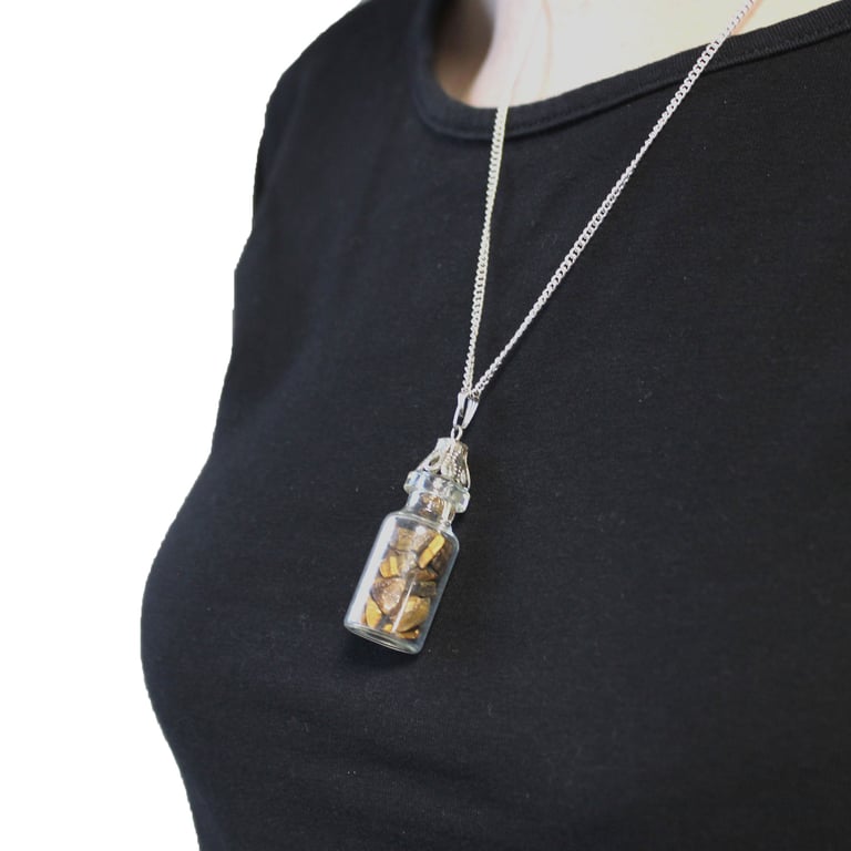 Natural Tiger Eye Gemstone Necklace - Bottled Crystal Healing Jewelry Pendant