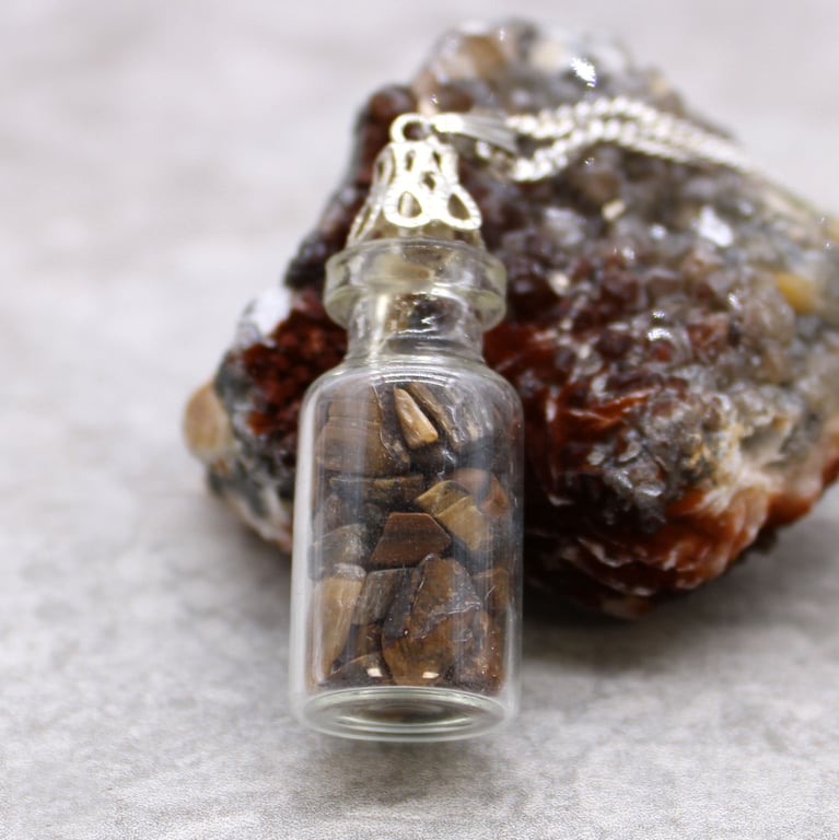 Natural Tiger Eye Gemstone Necklace - Bottled Crystal Healing Jewelry Pendant