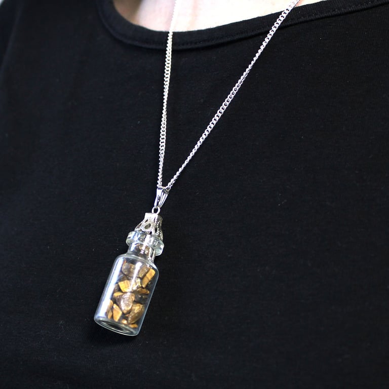 Natural Tiger Eye Gemstone Necklace - Bottled Crystal Healing Jewelry Pendant