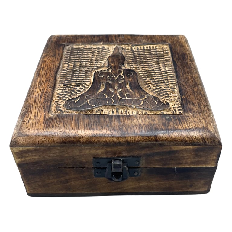 Square Wooden Keepsake Box - 13x13x6cm Meditation and Spiritual Storage Buddha Box
