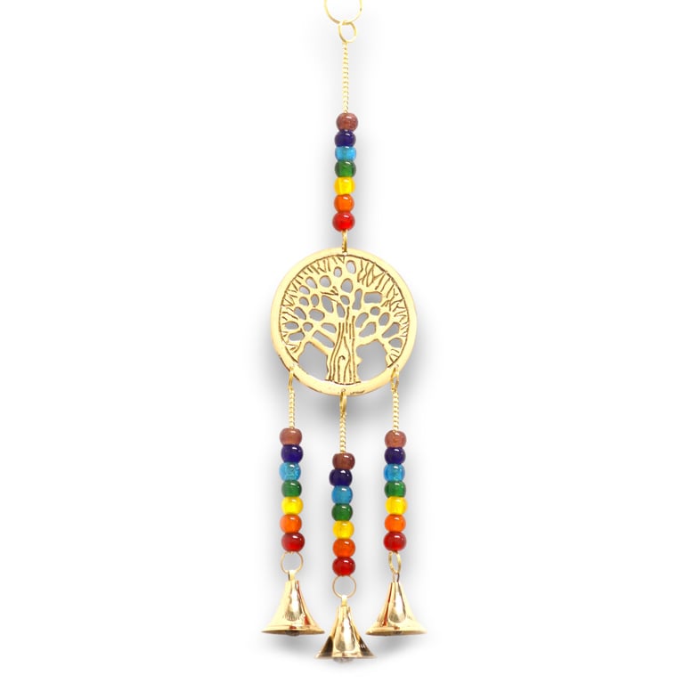 Indian Chimes Brass Tree of Life Wind Chime with 3 Bells and Chakra Beads Meditation Tool