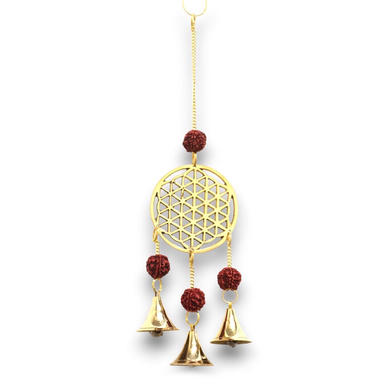 Indian Chimes - Brass Flower of Life Chime with 3 Bells and Rudraksha Beads
