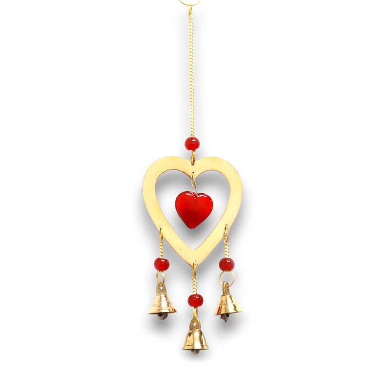 Indian Chimes - Brass Outdoor Chimes with Ruby Glass Heart Beads and 3 Bells for Home Decor