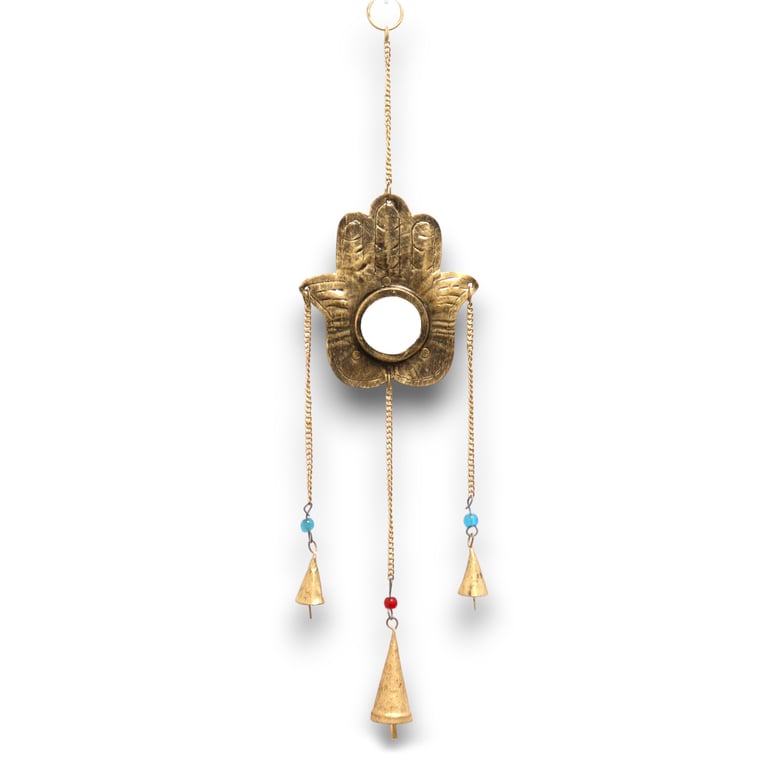 Indian Chimes Hamsa Sm Mirror 3 Bells Spiritual Home Accent