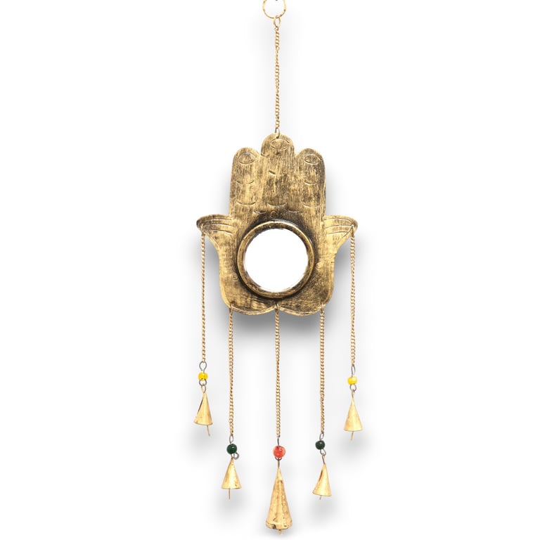 Large Hamsa Mirror with 5 Indian Chimes - IndianChimes Lrg Mirror 5 Bells