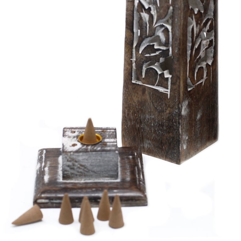 Mango Wood Tapered Incense Tower - Handcrafted Wooden English Incense Holder Set