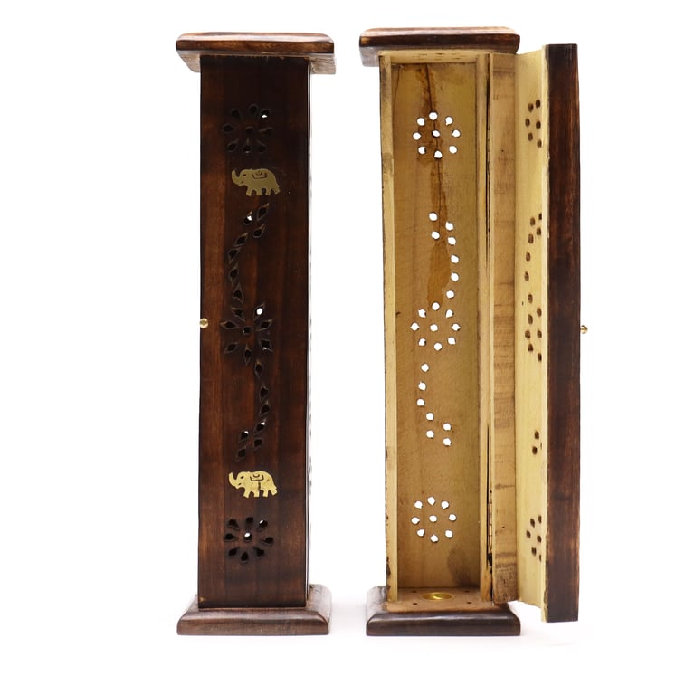 Square Brass Inlay Mango Wood Incense Tower - Elegant Wooden Holder with Burner