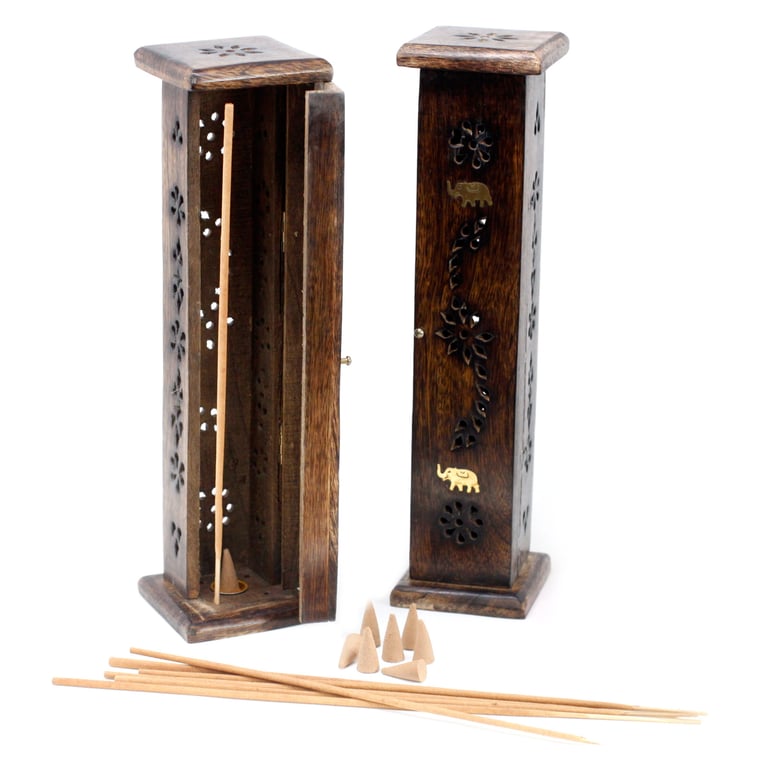 Square Brass Inlay Mango Wood Incense Tower - Elegant Wooden Holder with Burner